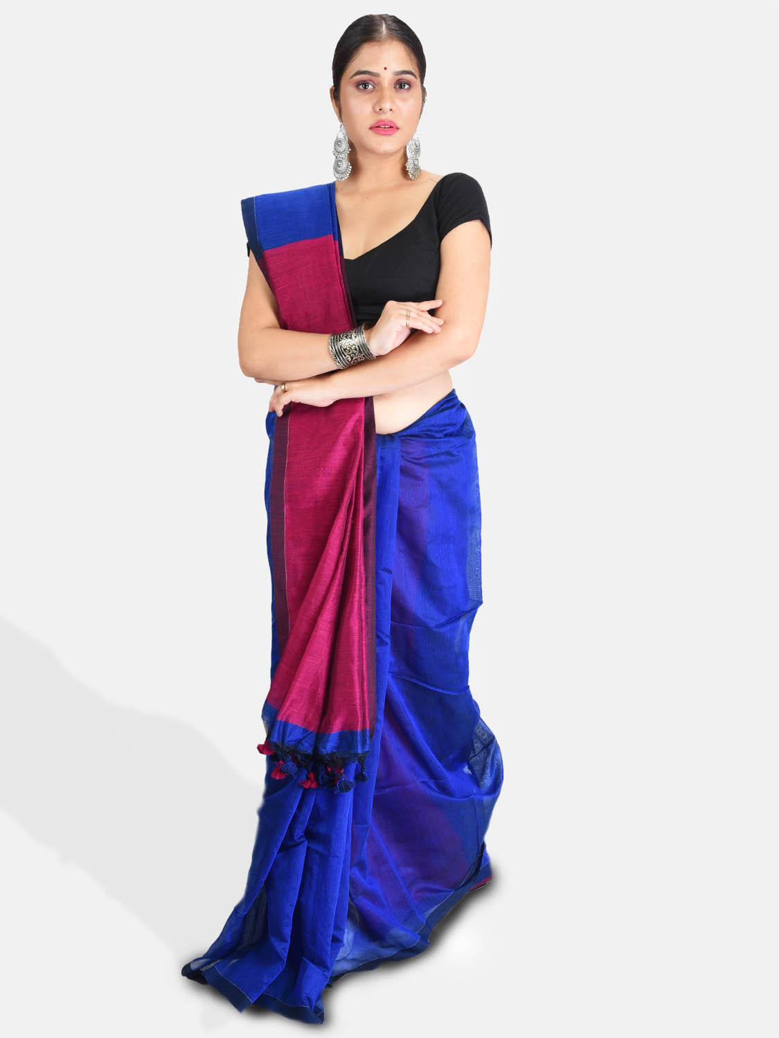 DESH BIDESH Women`s Cotton Silk and Bengal Soft Khadi Cotton Mix Ghicha Handloom Saree With Blouse Piece (Blue Deep Pink)